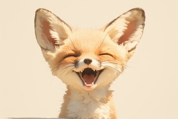 Obraz premium Animated fox head shot with a bright open mouth, smiling against a light background