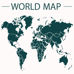 Detailed Teal World Map Illustration With White Borders And Countries