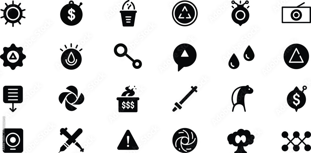 Aufkleber set of black business and finance icons with abstract symbols and tools in simple style for professi