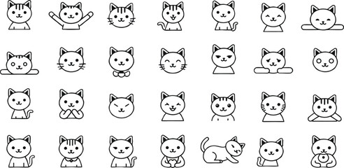 Various Cartoon Cats Expressing Different Emotions in Simple Black Line Art Style on White Background 