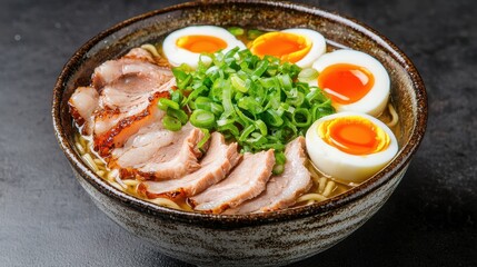 Delicious Bowl of Ramen with Chashu, Eggs, and Green Onions