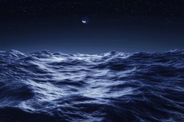 Fototapeta premium Ocean waves move under night with Crescent moon and Stars Theme