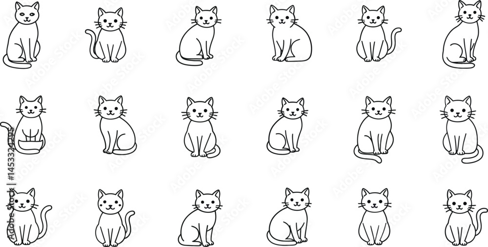 Poster multiple simple black outline cat illustrations on white background in various sitting and standing 