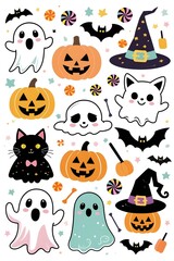 Cute Halloween Sticker Collection – Cartoon Ghosts, Pumpkins, Black Cats, Bats, Candy, and Stars Isolated on White