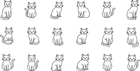 Multiple simple black outline cat illustrations on white background in various sitting and standing poses with tails curled and ears pointed 