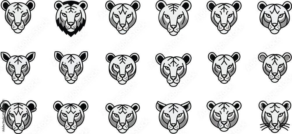 Aufkleber set of 18 black and white lion head illustrations in different styles and expressions for design use