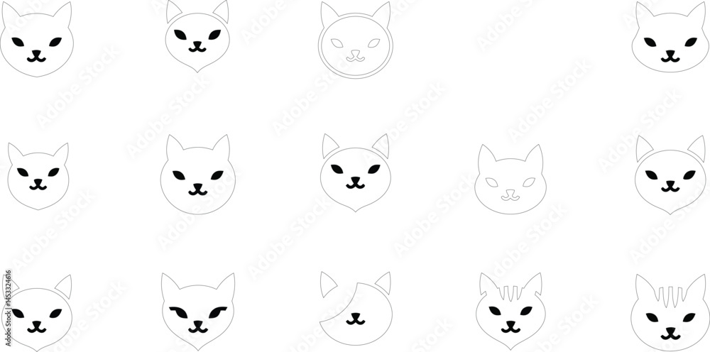 Poster minimalist black and white cat faces pattern with simple line art design for creative projects and t
