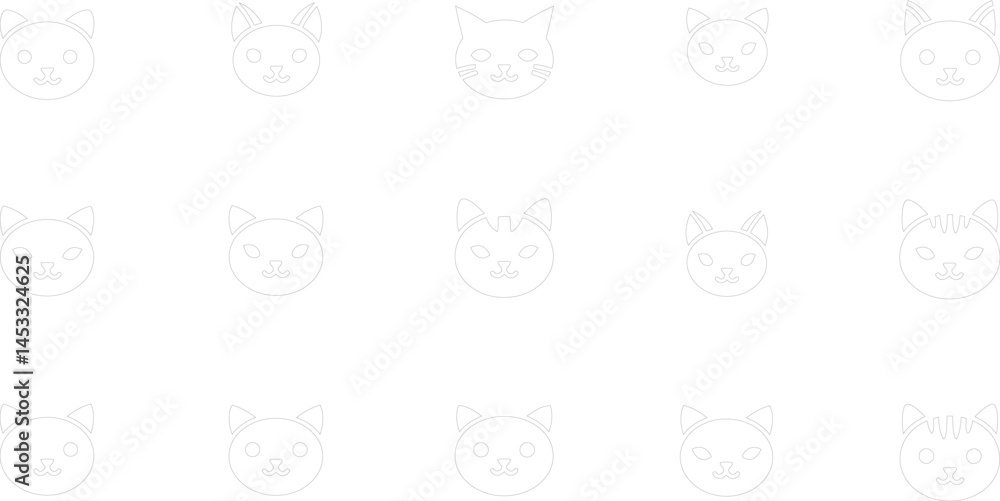 Poster smiling cat faces with various expressions in black and white line art style for playful and creativ