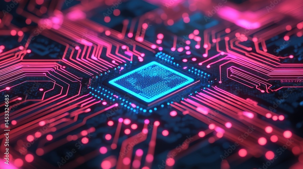 Poster futuristic circuit board pattern with neon colors and technology design