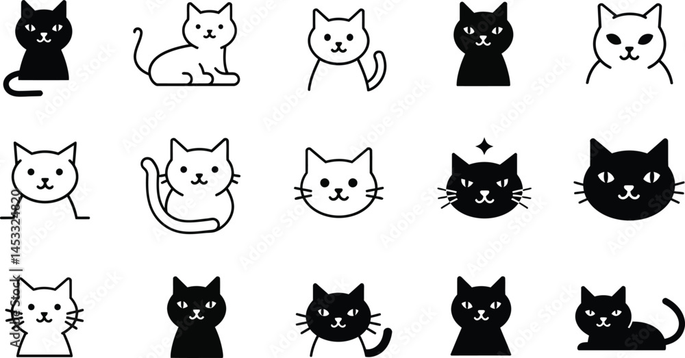 Poster collection of black and white cat icons in simple line art style with varying poses and expressions 