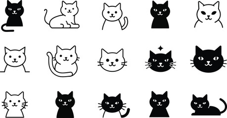 Collection of black and white cat icons in simple line art style with varying poses and expressions for digital design and creativity 