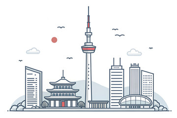 Obraz premium Minimal flat vector of the skyline of Seoul with N Seoul Tower generative ai