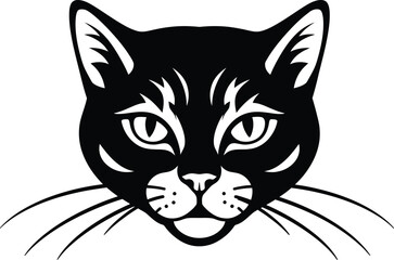 Black and white illustration of a cat face with detailed eyes and whiskers in simple vector style 