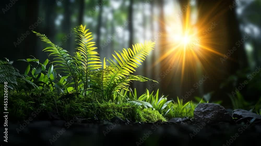 Poster ferns and sunlight: a tranquil and idyllic scene in a forest with ferns illuminated by a burst of su