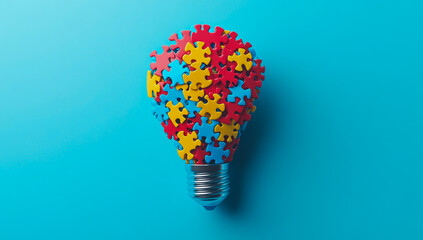 A vibrant light bulb made of colorful puzzle pieces, placed on a bright blue background, symbolizes creativity and innovation.