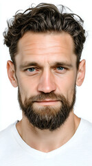 Obraz premium Confident Male Model with Curly Hair and Beard in Casual Fashion – Studio Portrait for Social Media and Personal Branding