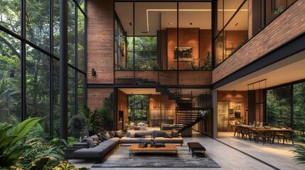 Modern jungle-style home with large windows, brick walls, and open floor plan