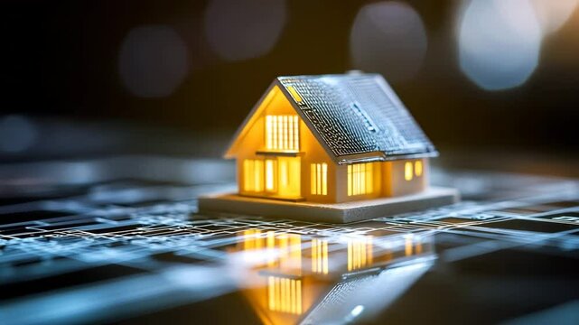 Dream Home Model: A miniature house model radiates a warm, inviting glow. The scene evokes a sense of home, comfort, and the aspiration of property ownership.