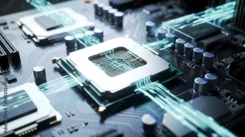 Aufkleber glowing data streams flowing through futuristic computer motherboard cpu