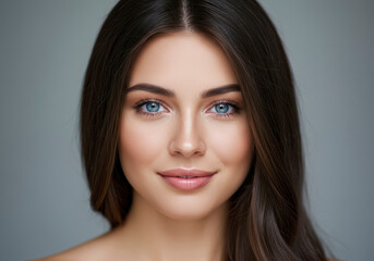 Fototapeta premium Beautiful Woman Portrait Stunning Blue Eyes Long Brown Hair Natural Makeup Skincare Beauty