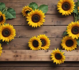 Obraz premium Vibrant sunflowers arranged on rustic wooden board, seeds, day