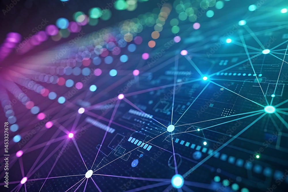 Poster abstract networked connections: an evocative digital illustration, radiating a vibrant spectrum of c