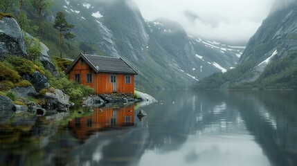 Fototapeta premium A small wooden cabin by the lake, reflecting in the calm waters. HD 8K wallpaper Photographic Image
