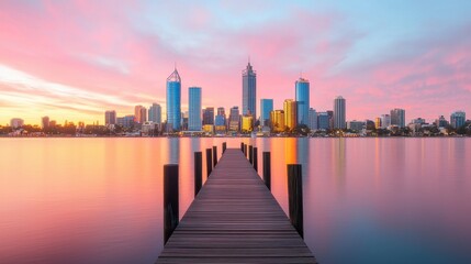 Obraz premium Urban Skyline at Sunset with Pier Over Water in City Landscape