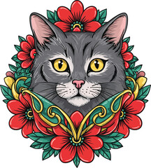 Gray cat portrait surrounded by red flowers and green leaves with colorful butterfly on floral frame
