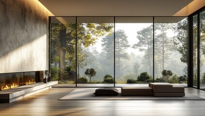 Fototapeta premium Modern interior design with panoramic forest view.