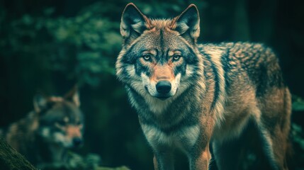 Obraz premium Focused wolf portrait in dark forest