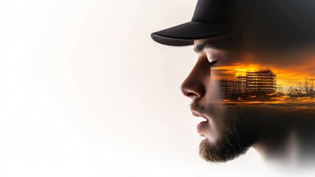 Urban Dreamscape: A man, contemplative in the soft, light, is juxtaposed against an urban sunset. It evokes introspection, thought, and the harmony of the mind and environment.