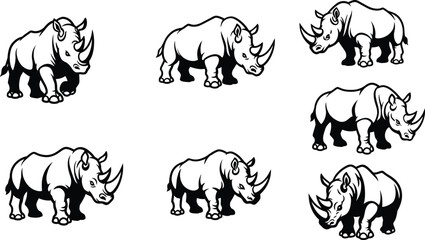 Fototapeta premium Rhinoceros Vector Set with Six Different Black and White Rhino Illustrations for Wildlife and Animal Design Projects