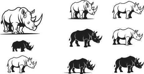 Fototapeta premium Rhinoceros silhouette black and white vector illustration set showing side views of wild animals in various poses 