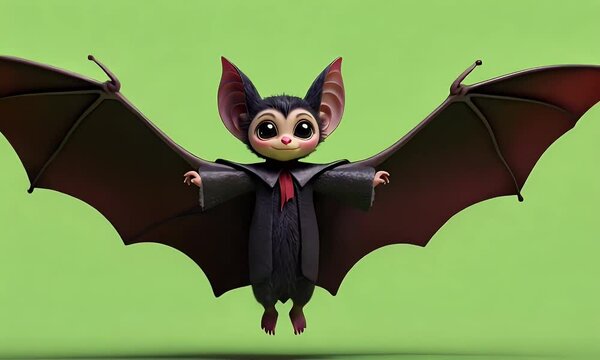 Green screen video featuring a tiny bat wearing a vampire costume while flapping wings in spooky halloween animation setting
