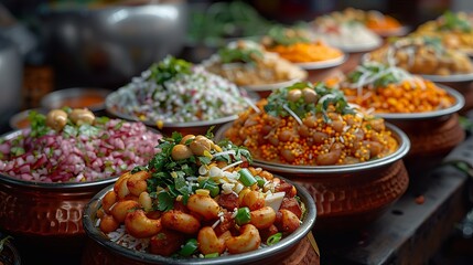 A street vendor&acirc;&euro;&trade;s plate of chaat with colorful toppings.  HD 8K wallpaper Photographic Image