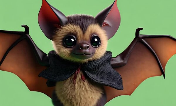 Green screen video with tiny halloween bat dressed like a vampire flapping wings adorably in full 4k animation scene