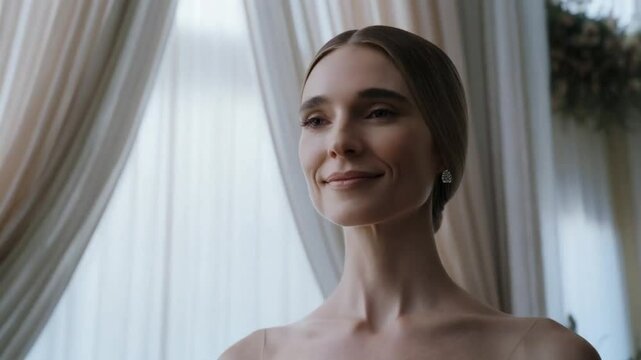 Una mujer sonriendo con una expresi&oacute;n calma.
