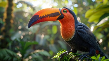 Fototapeta premium A toucan with its vibrant beak in a lush rainforest. HD 8K wallpaper Photographic Image