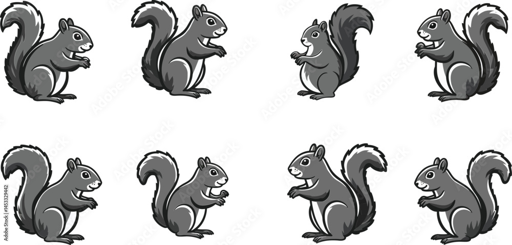 Poster gray squirrel silhouette vector set with multiple poses and side views for wildlife and nature illus
