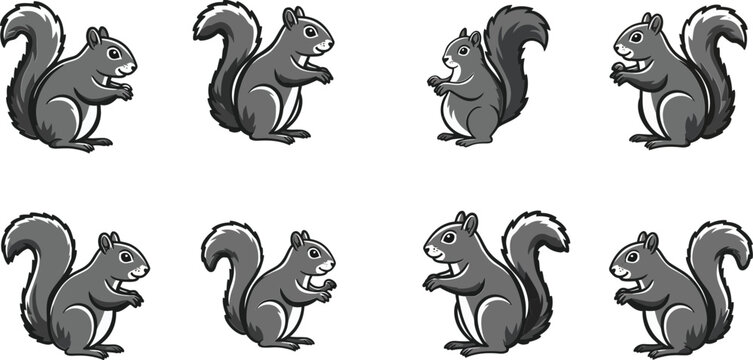 Gray squirrel silhouette vector set with multiple poses and side views for wildlife and nature illustration designs 