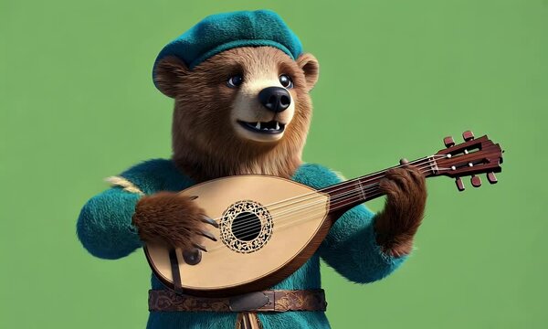 Green screen video of a small medieval bear happily playing a lute while singing cheerfully in colorful bard outfit