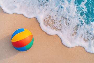 Obraz premium Beach ball on sand with ocean wave