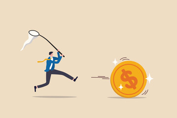Chasing high performance active mutual fund, buying rising star stock or funds, catch or grab hot ETFs concept, businessman investor run chasing try to catch high performance attractive dollar coin