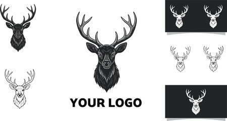 Deer head emblem with majestic antlers logo design in black and white vector illustration for branding and identity use 