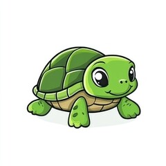 Obraz premium Cute cartoon turtle character with big eyes and vibrant green shell on white background, perfect for children's themes and designs