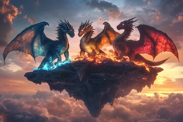 Epic Gathering of Four Elemental Dragons on a Floating Island at Sunset

