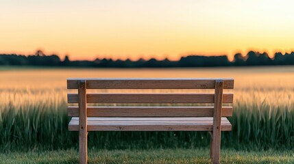 Fototapeta premium Calm Sunset View from a Wooden Bench Overlooking a Tranquil Field