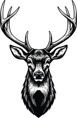 Naklejka premium Deer head with large antlers detailed black and white vector illustration for wildlife and nature design 