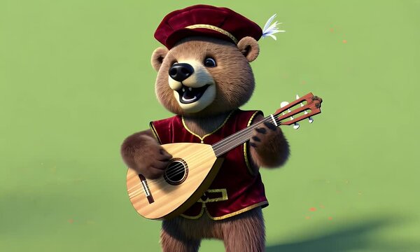 Green screen video featuring cute tiny bear acting as a cheerful bard with tiny lute and singing happily in costume